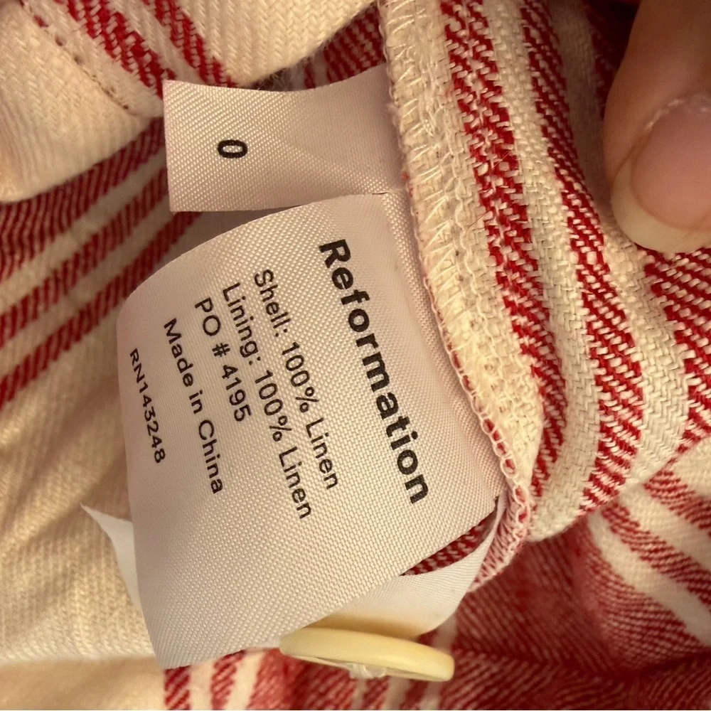 Reformation Coconut Linen Romper in the red and white Cuba Stripe (114)